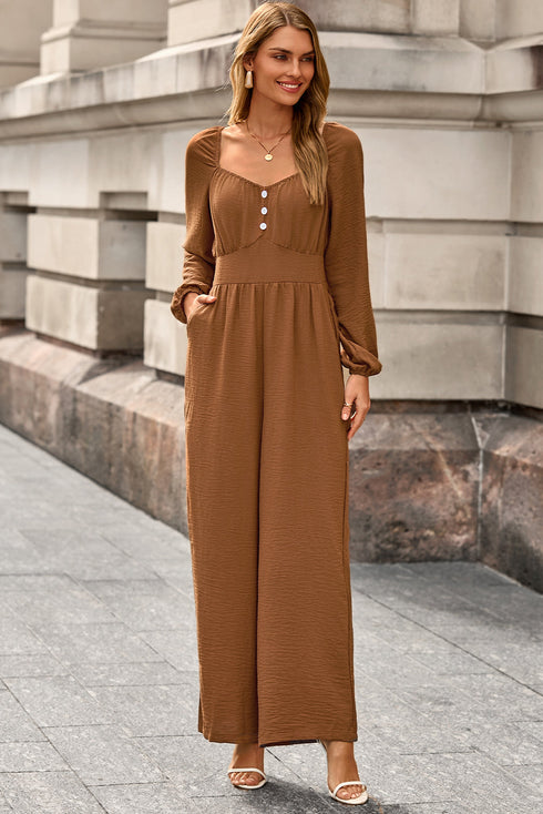 Long Sleeve Shirred Button Straight Leg Jumpsuit