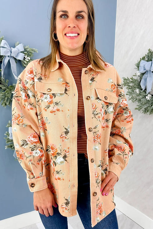 Floral Print Tunic Length Long Sleeve Denim Jacket