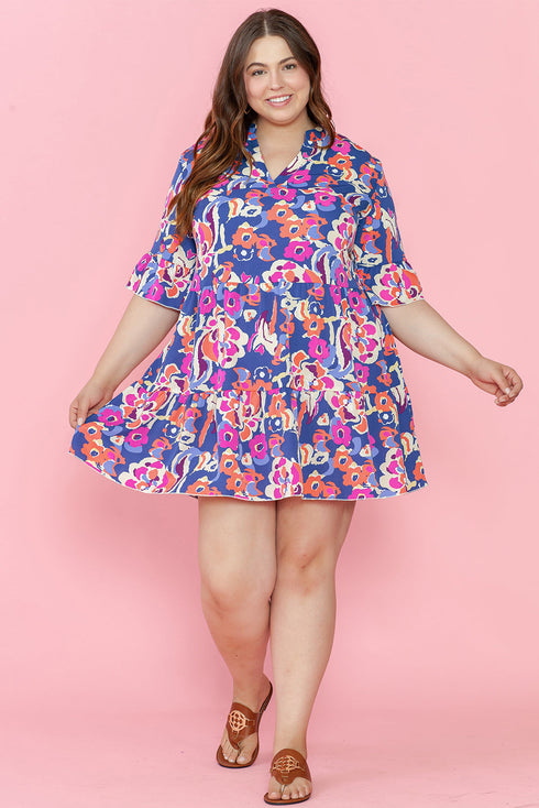 Floral Print Ruffled Three Quarter Sleeve Mini Dress