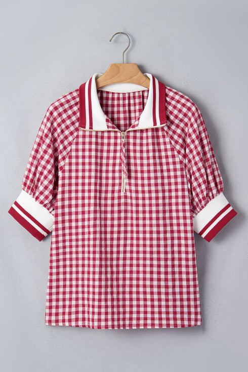 Gingham Striped Patchwork Half Zip Plaid Blouse