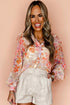 Abstract Floral Balloon Sleeve Button Down Blouse