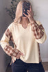 Waffle Textured V Neck Plaid Drop Shoulder Long Sleeve Top