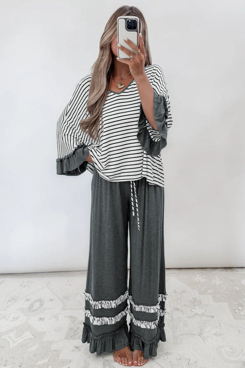 Striped V Neck Ruffle Sleeve Drawstring Pant Set