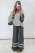 Striped V Neck Ruffle Sleeve Top Drawstring Two Piece Pant Set