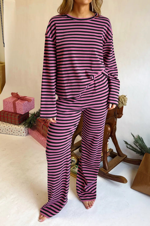 Striped Long Sleeve Top Drawstring Cotton Blend Pants Set