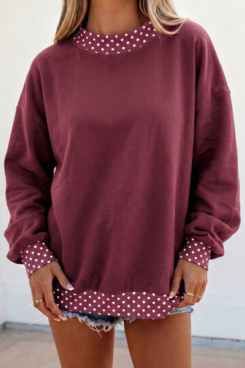 Mock Neck Polka Dot Pattern Trim Oversized Sweatshirt