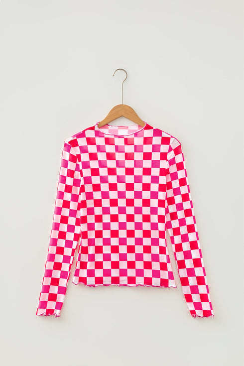 Plaid Checkered Sheer Mesh Long Sleeve Layering Top
