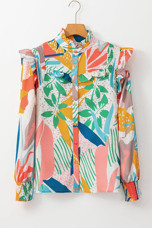 Abstract Leaf Print Ruffled High Neck Blouse