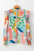Abstract Leaf Print Ruffled High Neck Blouse