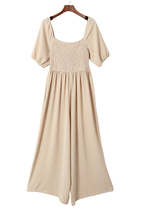 Solid Short Bubble Sleeve Smocked Wide Leg Jumpsuit