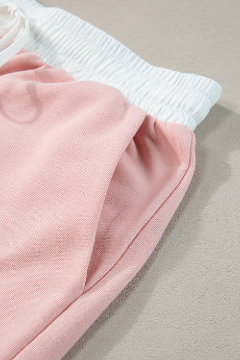 Contrast Trim Ruffled Sleeve Smocked Drawstring Short Set