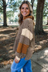 Striped Textured Collar V Neck Long Sleeve Pullover Top