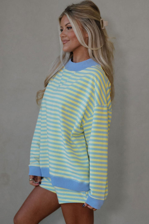 Stripe Print Contrast Trim Long Sleeve Pullover Short Set