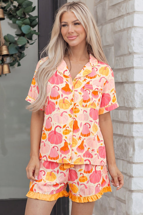 Pumpkin Print Pocket Placket Shell Button Lounge Set