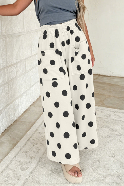 Wide Leg Polka Dot Elastic Waist Pants