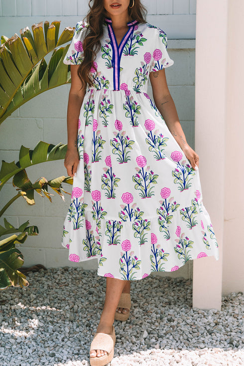 Floral Puff Short Sleeve V Neck High Waist Maxi Dress