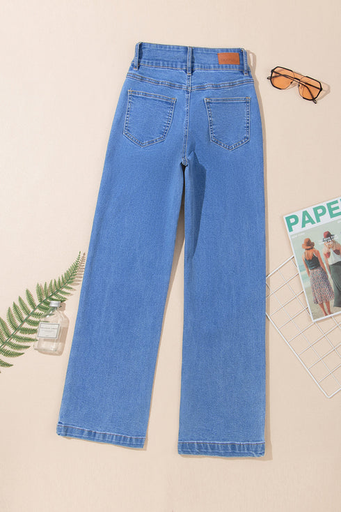 Casual Double Button High Rise Straight Leg Jeans