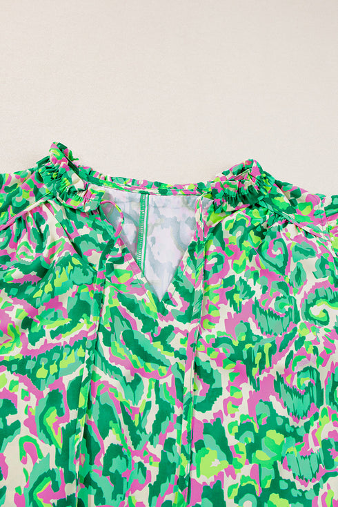 Abstract Print Ruffle Flutter Sleeve Tie Neck Blouse