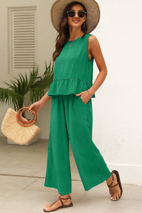 Textured Ribbed Ruffle Tank Top Wide Leg Pant Set