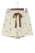 Bow Print Lace Trim Elastic Waist Drawstring Shorts