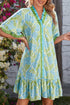 Botanical Floral Print Frilled Trim V Neck Button Front Dress