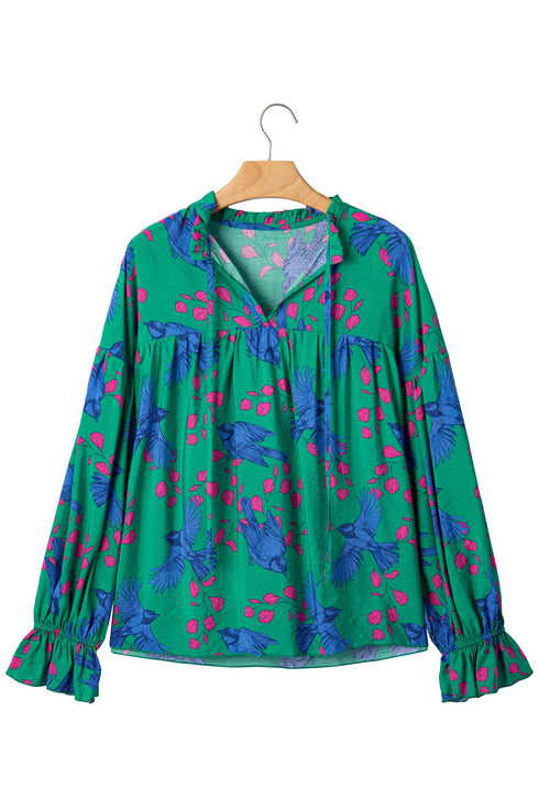 Painterly Abstract Print V Neck Flounced Puff Sleeve Blouse