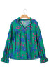 Abstract Print V Neck Flounced Puff Sleeve Blouse