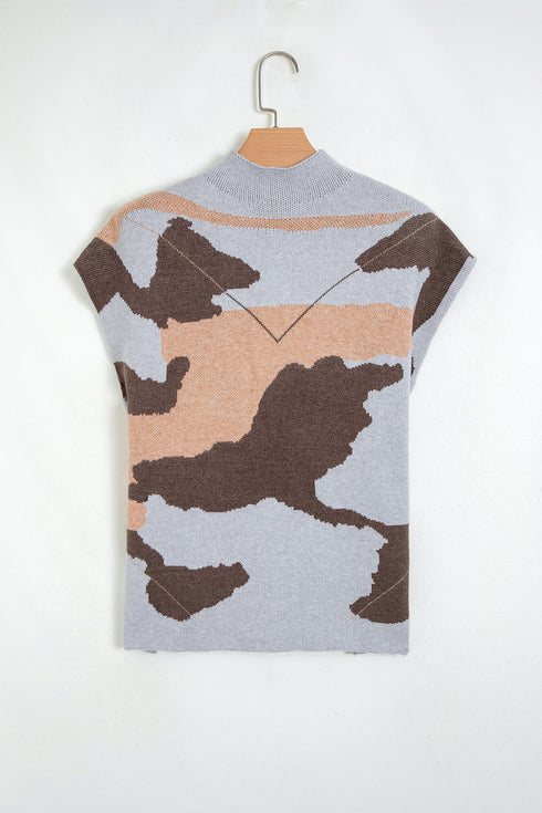 Camouflage Pattern Drop Shoulder High Neck Short Sleeve Shift Sweater