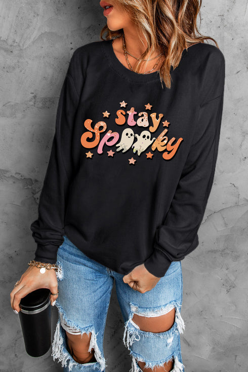 Retro Ghost Graphic Print Crew Neck Sweatshirt