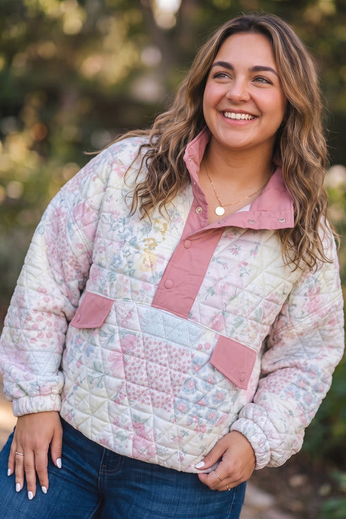 Floral Quilted V Neck Fake Pocket Sweatshirt
