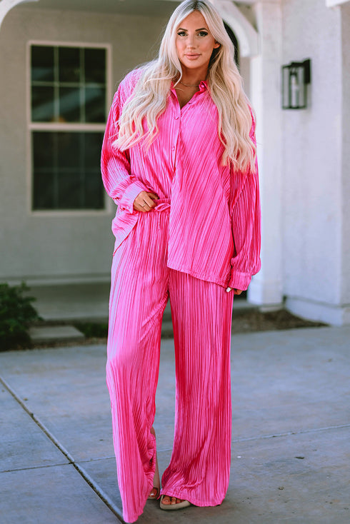 Pleated Long Sleeve Wide Leg Two Piece Loungewear