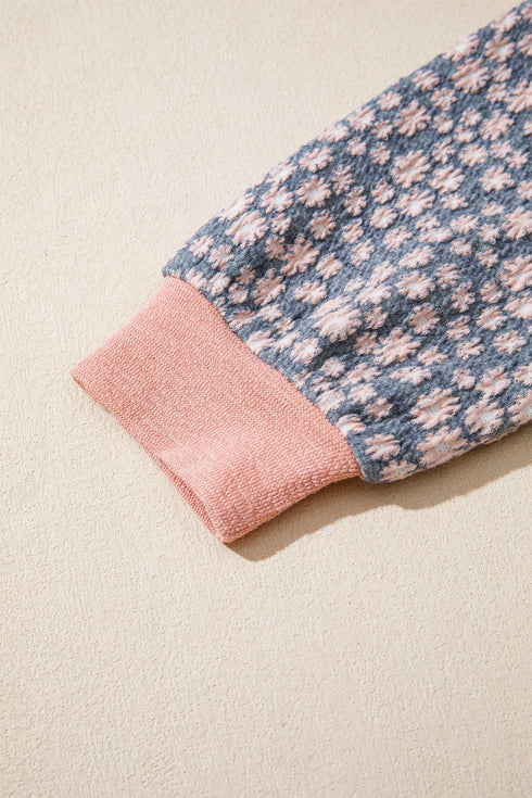 Striped Floral Patchwork V Neck Seam Long Sleeve Top