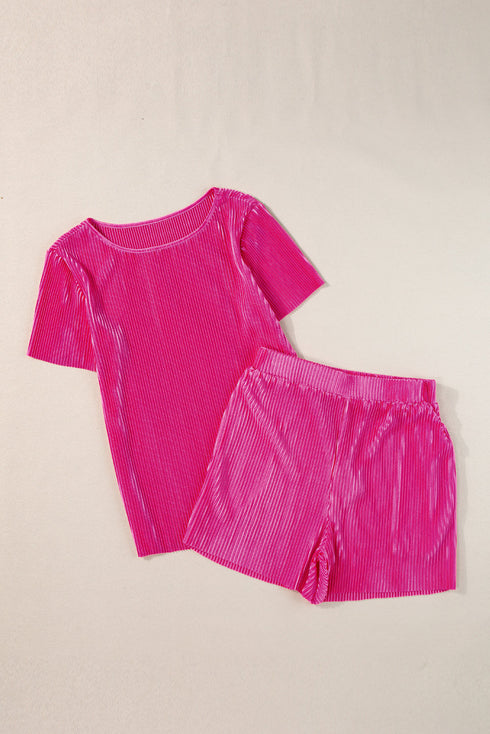 Casual Solid Pleated Satin Loungewear Short Set