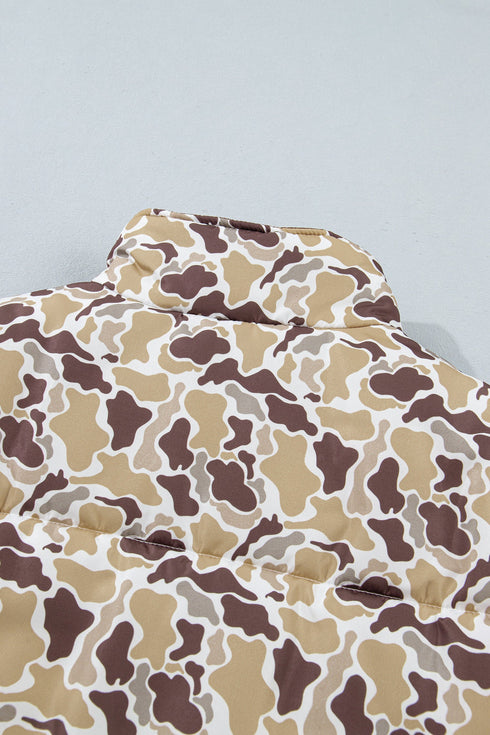 Camouflage Quilted Metal Button Collared Puffer Coat