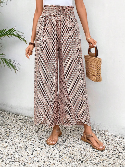 Bohemian Print Smocked High Waist Wide Leg Slit Pants