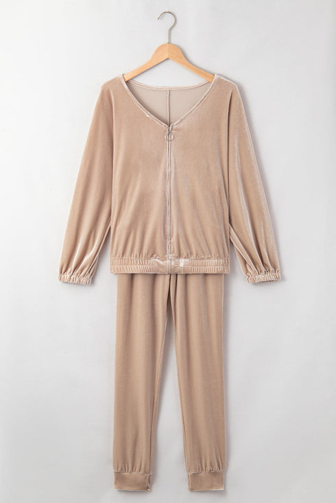 Plush Velvet Zipped Top And Jogger Pant Set