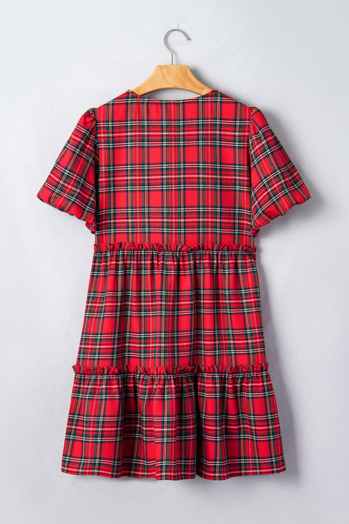 Plaid Knot Neck Short Sleeve Shift Midi Dress