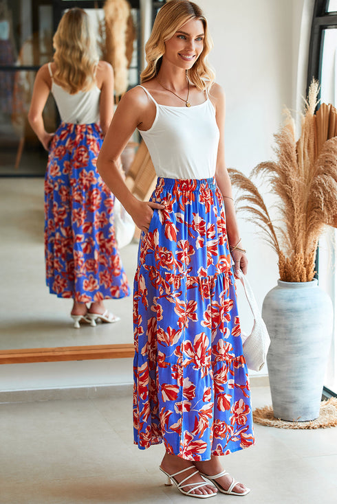 Bohemian Floral Print Tiered Split Maxi Skirt