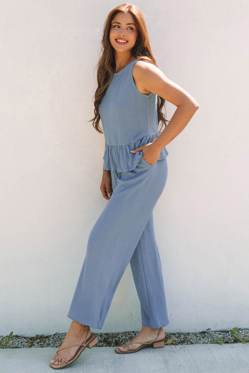 Textured Ribbed Ruffle Tank Top Wide Leg Pant Set