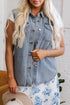 Solid Denim Flap Pocket Curved Hem Shirt Vest