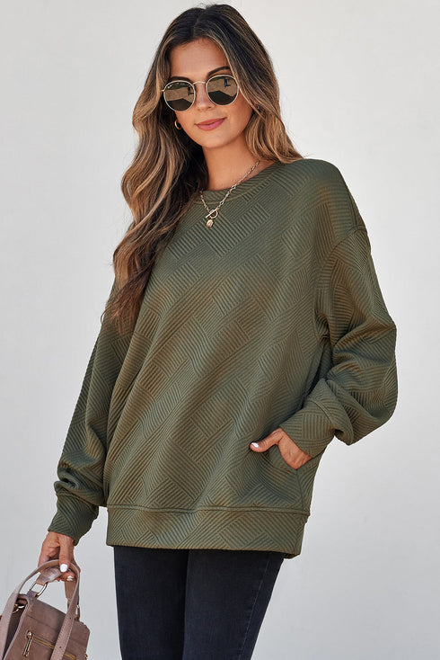 Textured Round Neck Drop Shoulder Pullover Sweatshirt