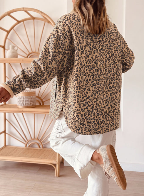 Leopard Print Collar Long Sleeve Patch Pocket Shift Denim Jacket