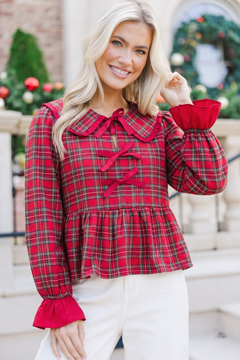 Plaid Tie Neck Ruffle Cuff Long Sleeve Blouse