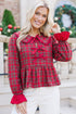 Plaid Tie Neck Ruffle Cuff Long Sleeve Blouse