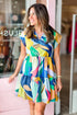Abstract Print Cap Sleeve Pocketed A Line Mini Dress