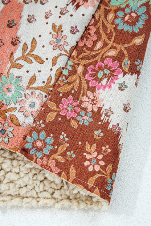 Bohemian Floral Print Sherpa Lined Fleece Hooded Jacket