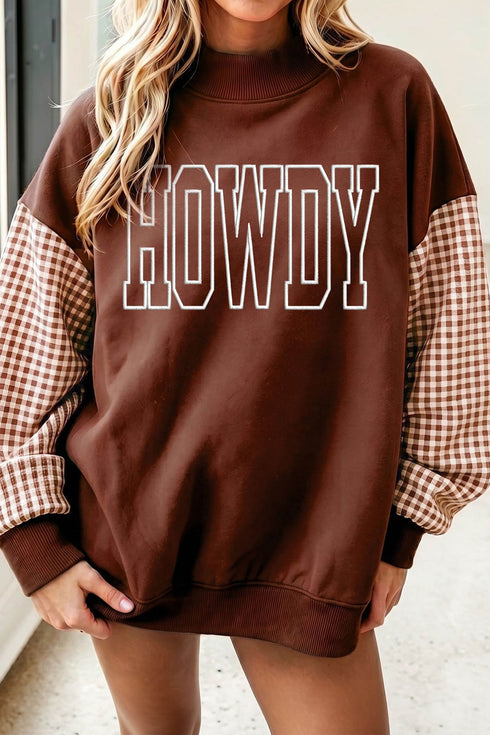 Howdy Embroidered Plaid Sleeve Mock Neck Sweatshirt