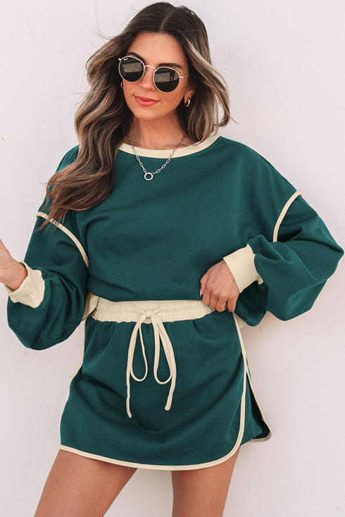 Paneled Loose Pullover And Lace Up Skort Two Piece Set