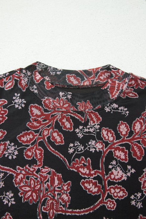 Retro Floral Print Long Sleeve Mesh Maxi Dress