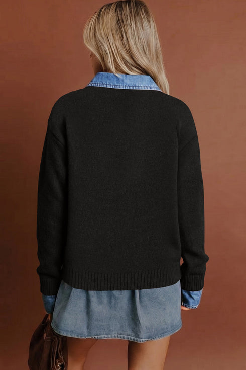 Denim Patchwork Collar Cuffed Mixed Texture Knit Sweater